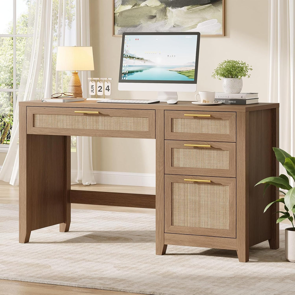 Vabches 47" Farmhouse Rattan Executive Desk with File Drawer, Brown