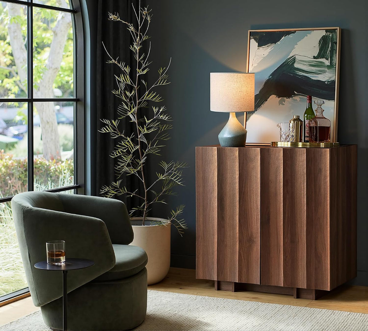 win2win 30.8" Sideboard Buffet Cabinet with Storage, Walnut, Wave Design