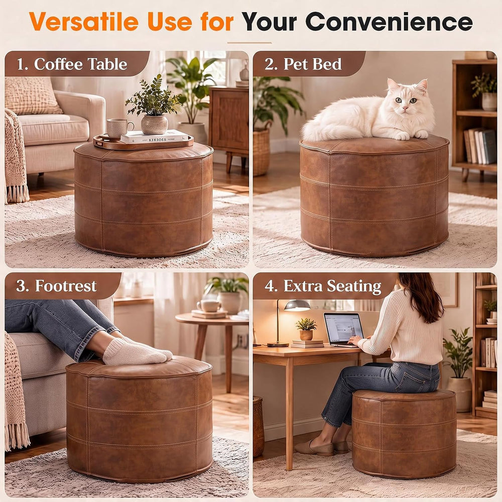 Leather Round Ottoman,Pouf for Living Room (Brown, Round)