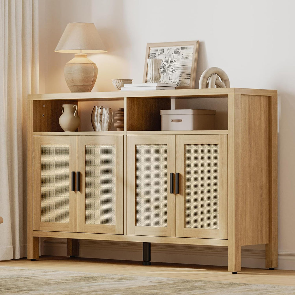 Mericonia Rattan Buffet Cabinet with Storage, Sideboard with Doors, Console Table, Farmhouse Coffee Bar, Modern Wood Storage Cabinets(Oak 2.0)