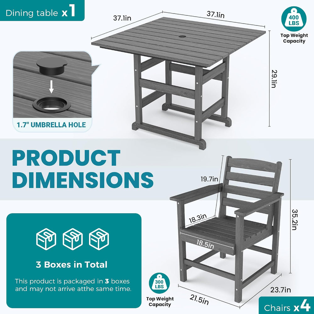 Dining Table Set, 5-Piece HDPE Outdoor Dining Set for 4, Gray