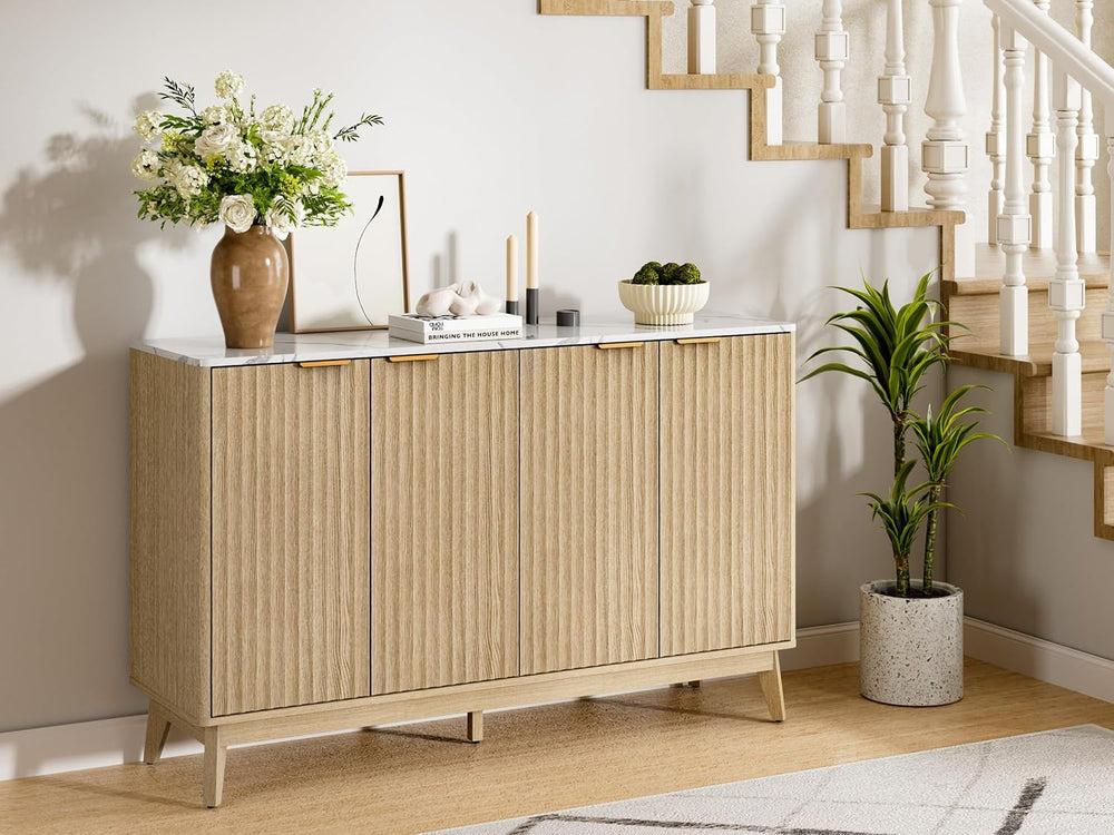 Sideboard Cabinet, 55'' Buffet Cabinet with Faux Marble Top & Adj...