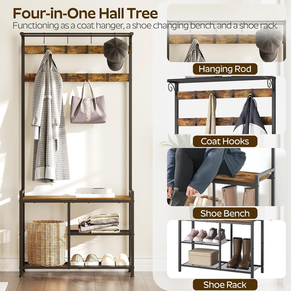 YATINEY Coat Rack Shoe Bench, 4-in-1 Hall Tree with Storage Shelves and Hangi...