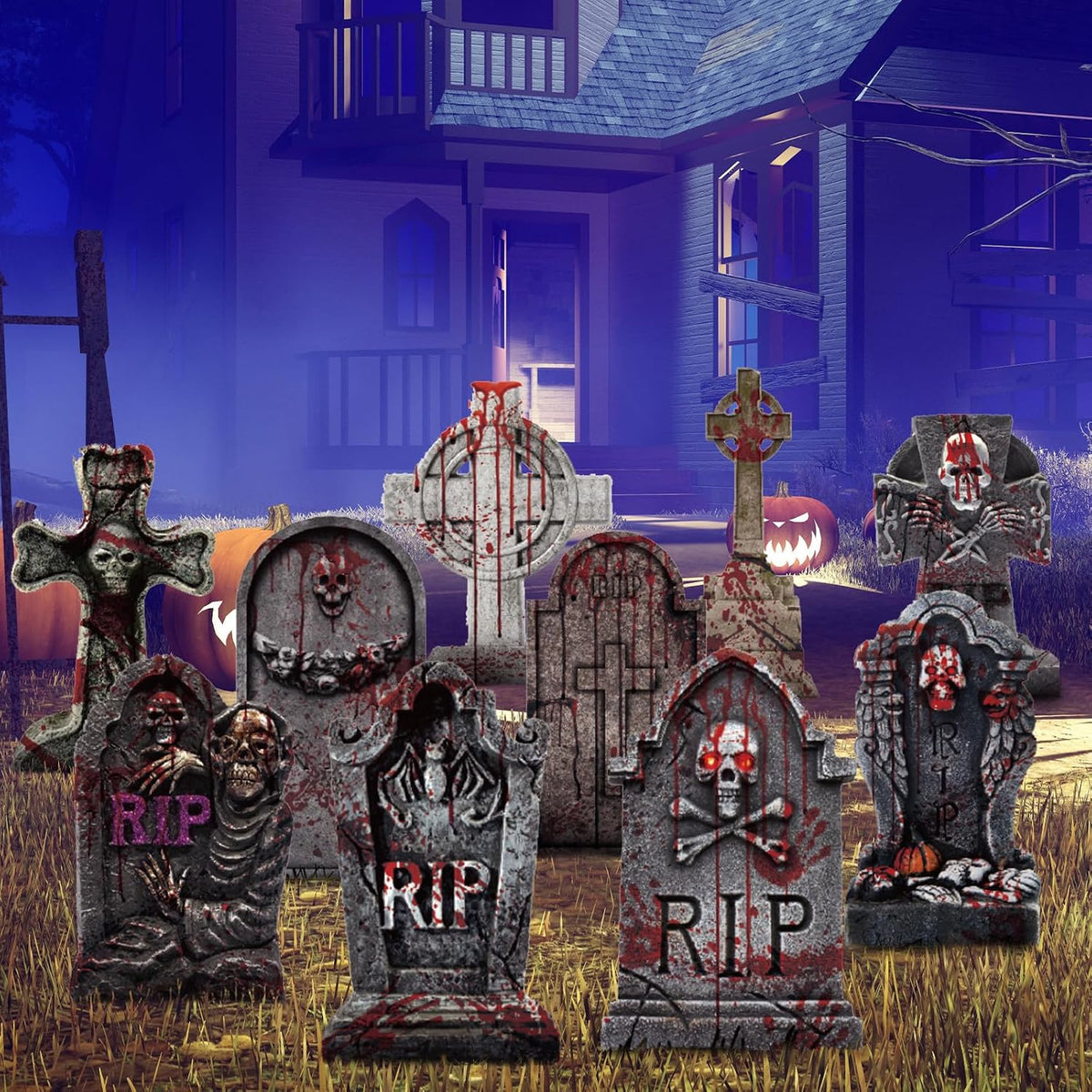 10 Styles Halloween Large Tombstone Gravestones Yard Stakes Decorations 17IN Headstone Outside Signs with Stakes for Halloween Scary Spooky Patio Lawn Yard Garden Cemetery Outdoor Decors