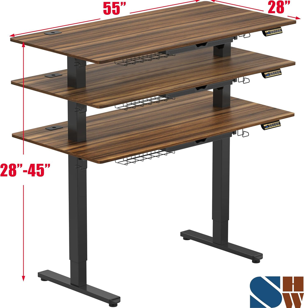 SHW 55 x 28 Electric Height Adjustable Standing Desk w/Drawer, Walnut