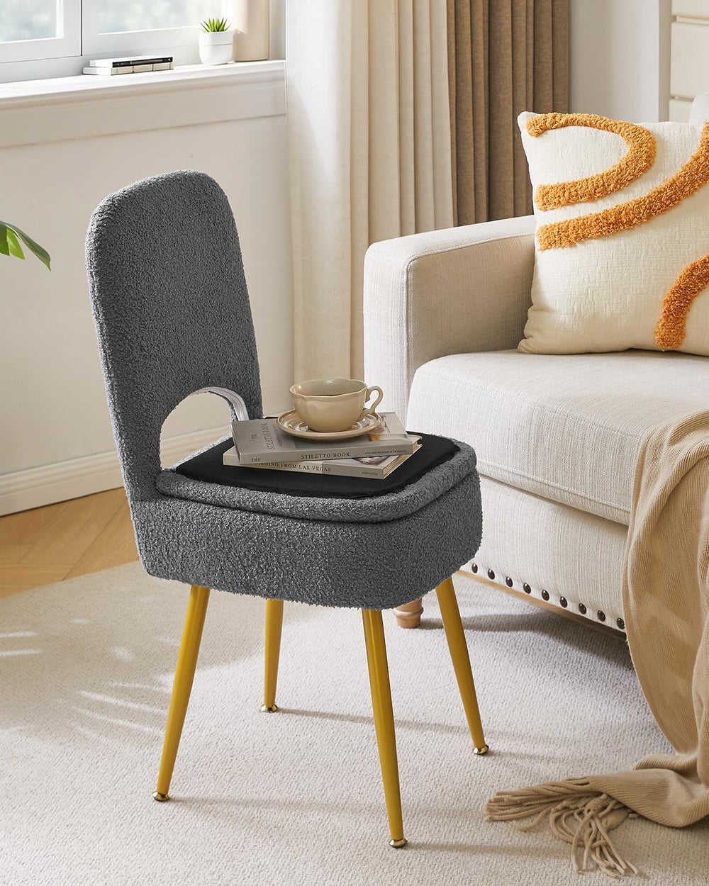 IBUYKE Storage Vanity Stool Chair with Folding Backrest, Gray WBD027G
