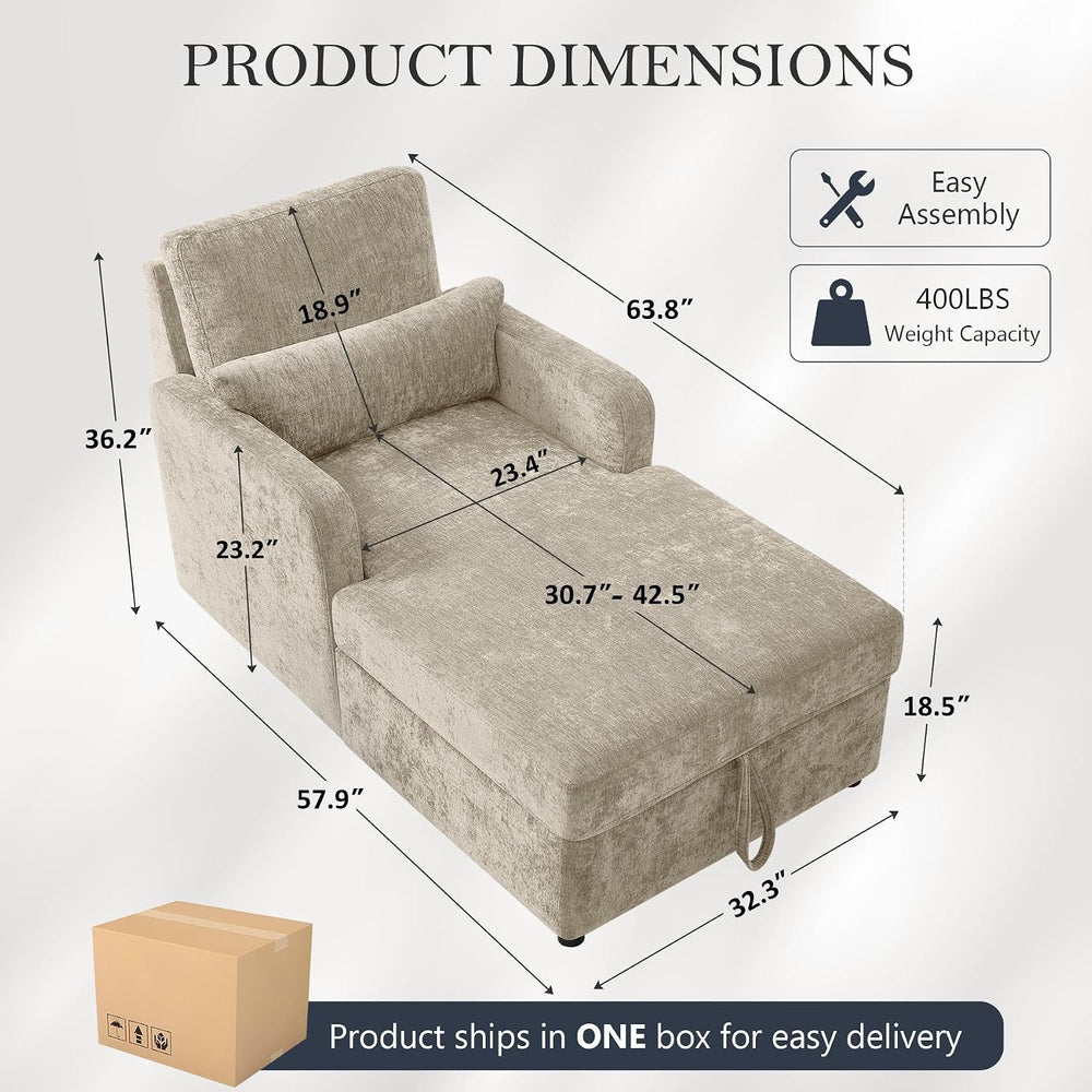 63.8" Oversized Chaise Lounge Chair with Storage, Chenille Camel