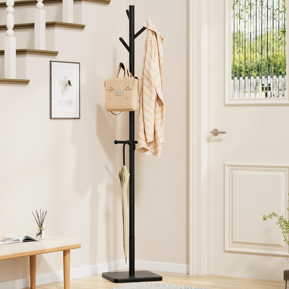Nianerfaya Solid Wood Coat Rack, Free Standing Hall Coat Tree, Black