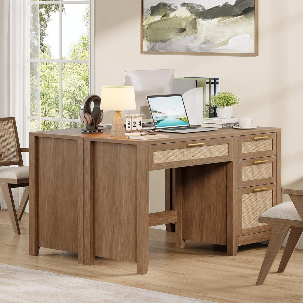 Vabches 47" Farmhouse Rattan Executive Desk with File Drawer, Brown