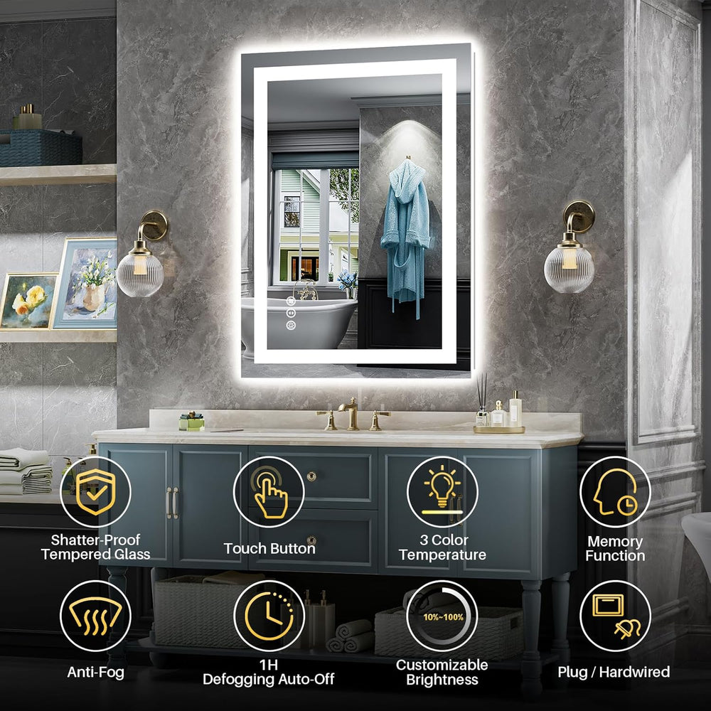 24x32 LED Bathroom Mirror, Dual Lit Anti-Fog Wall Vanity Mirror