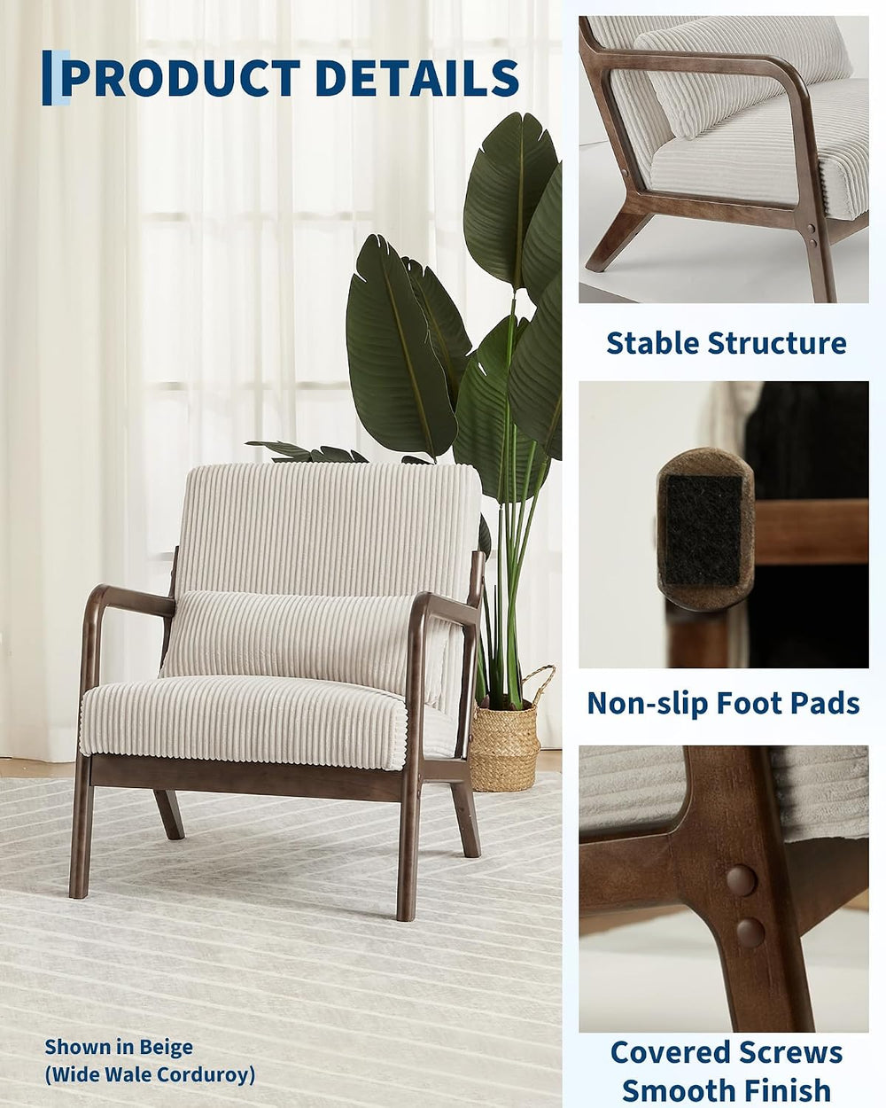 Garvee Mid Century Accent Chair, Upholstered Armchair with Lumbar Pillow