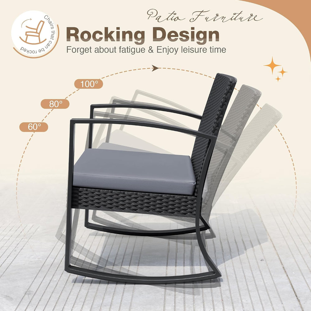 Greesum 3 Pieces Outdoor Furniture Set Patio Bistro Rocking Chairs with Glass...