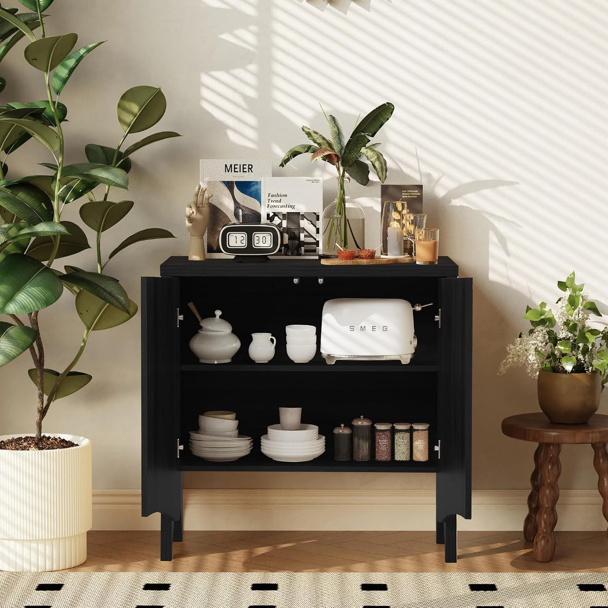 FurSch Fluted Sideboard Cabinet with Storage,Buffet Cabinet with Adjustable Shelves,Accent Storage Cabinets with Carved Arc Door Kitchen Dining Living Room (Arch Black, 2 Doors)
