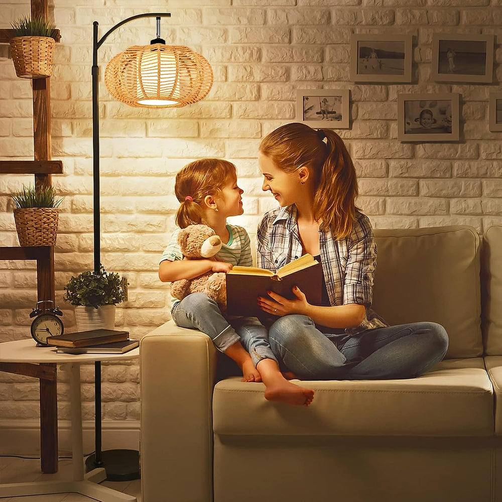 ZECOXOL Arc Floor Lamps for Living Room Bedroom Rattan Boho Floor Lamp with R...