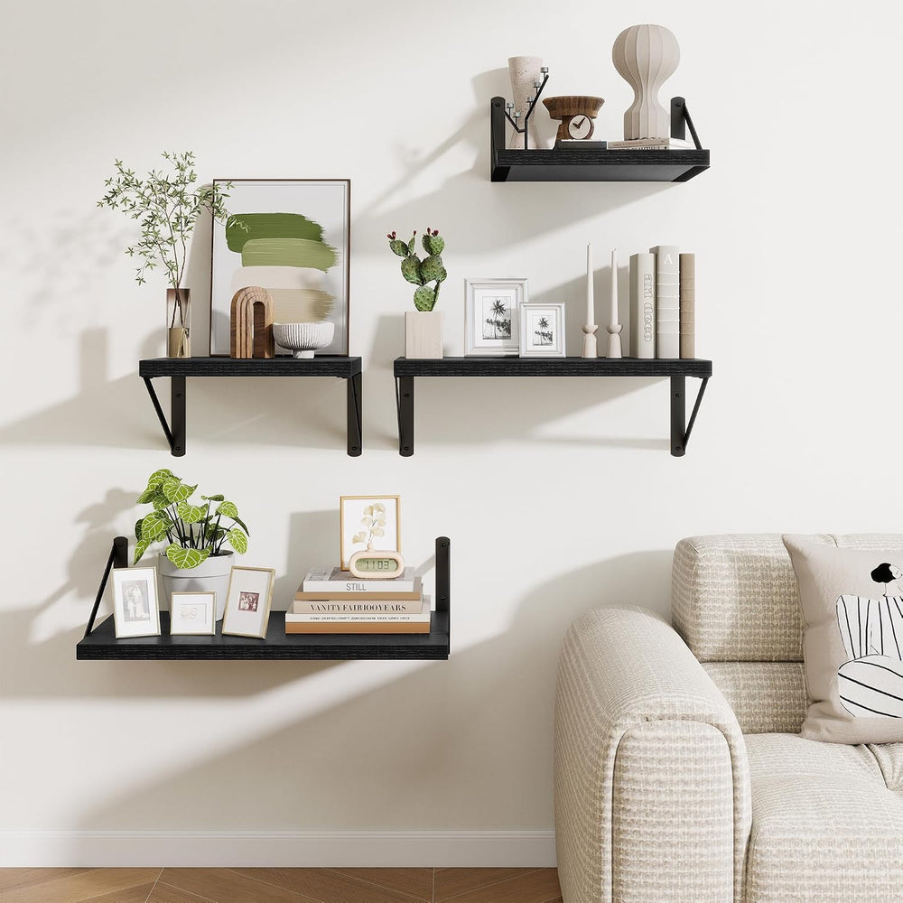 12" Deep Wall Shelves with Metal Brackets, 24" Wide, Black Finish, ...