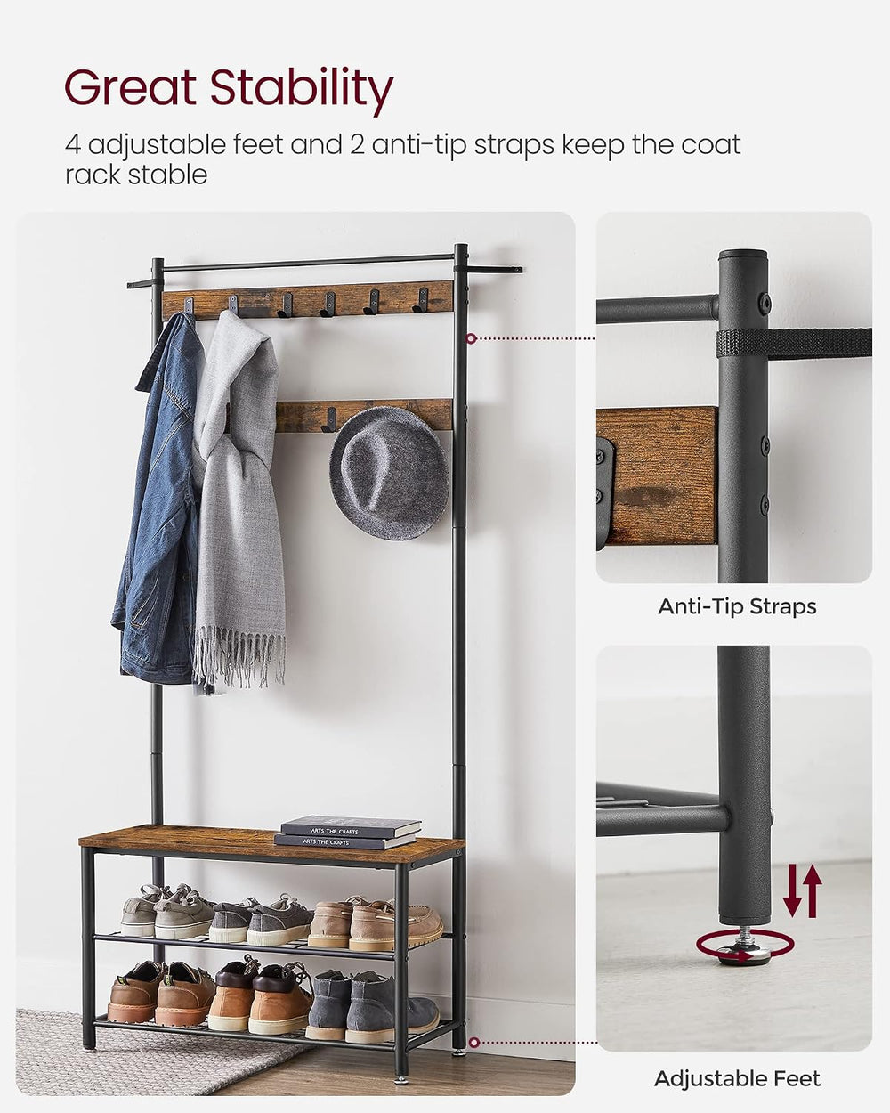 VASAGLE Coat Rack, Hall Tree with Shoe Storage Bench, 3-in-1, Steel Frame