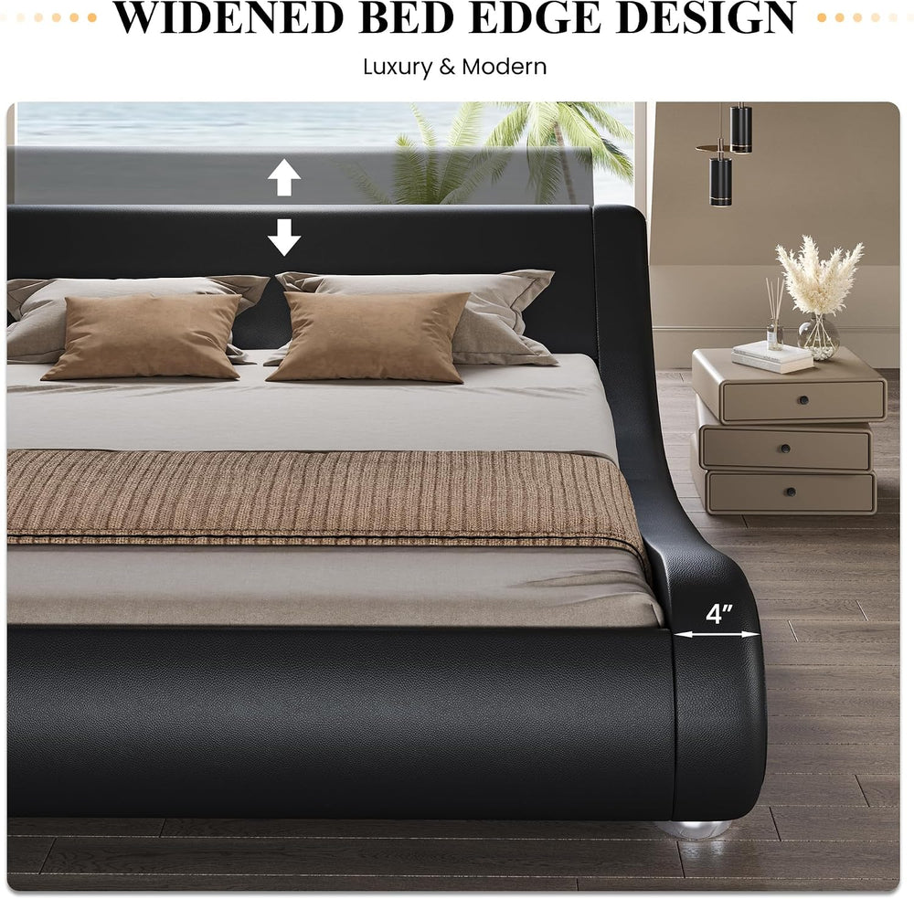 SHA CERLIN Queen Size Sleigh Bed Frame, Low Profile, Faux Leather, Black