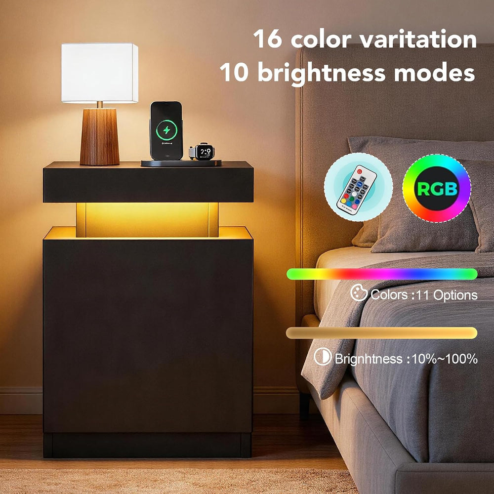 Nightstands Set of 2, 17.7 Inches LED Night Stand Set 2 with Power Outlets, B...