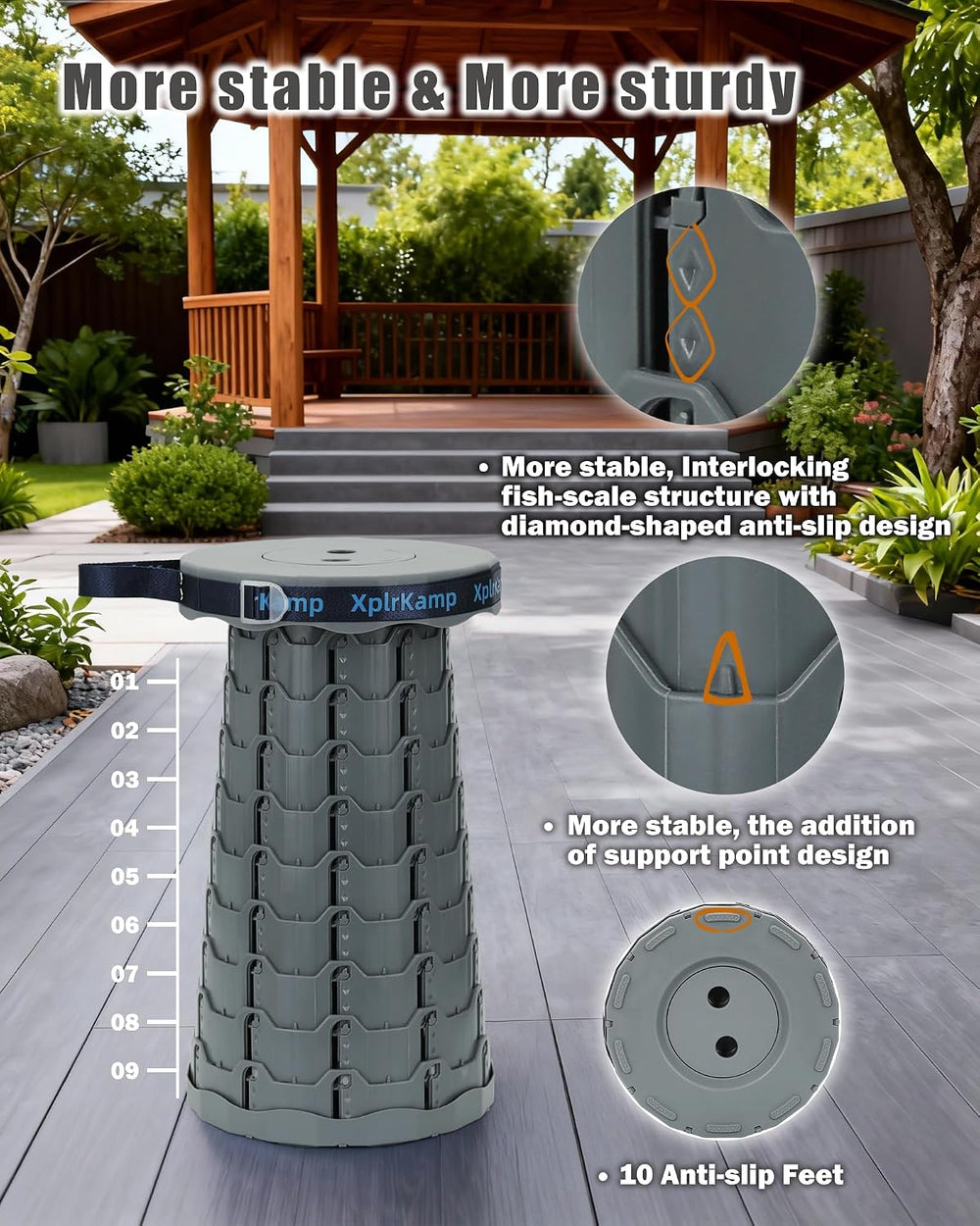 Portable Collapsible Stool Chair Folding Camp Seat for Adults 600LBS, Grey