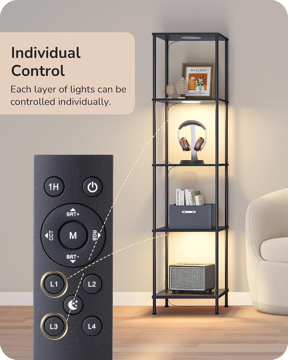 EDISHINE RGBW Floor Lamp with 5-Tier Display Shelf, 3 Modes Remote, Black