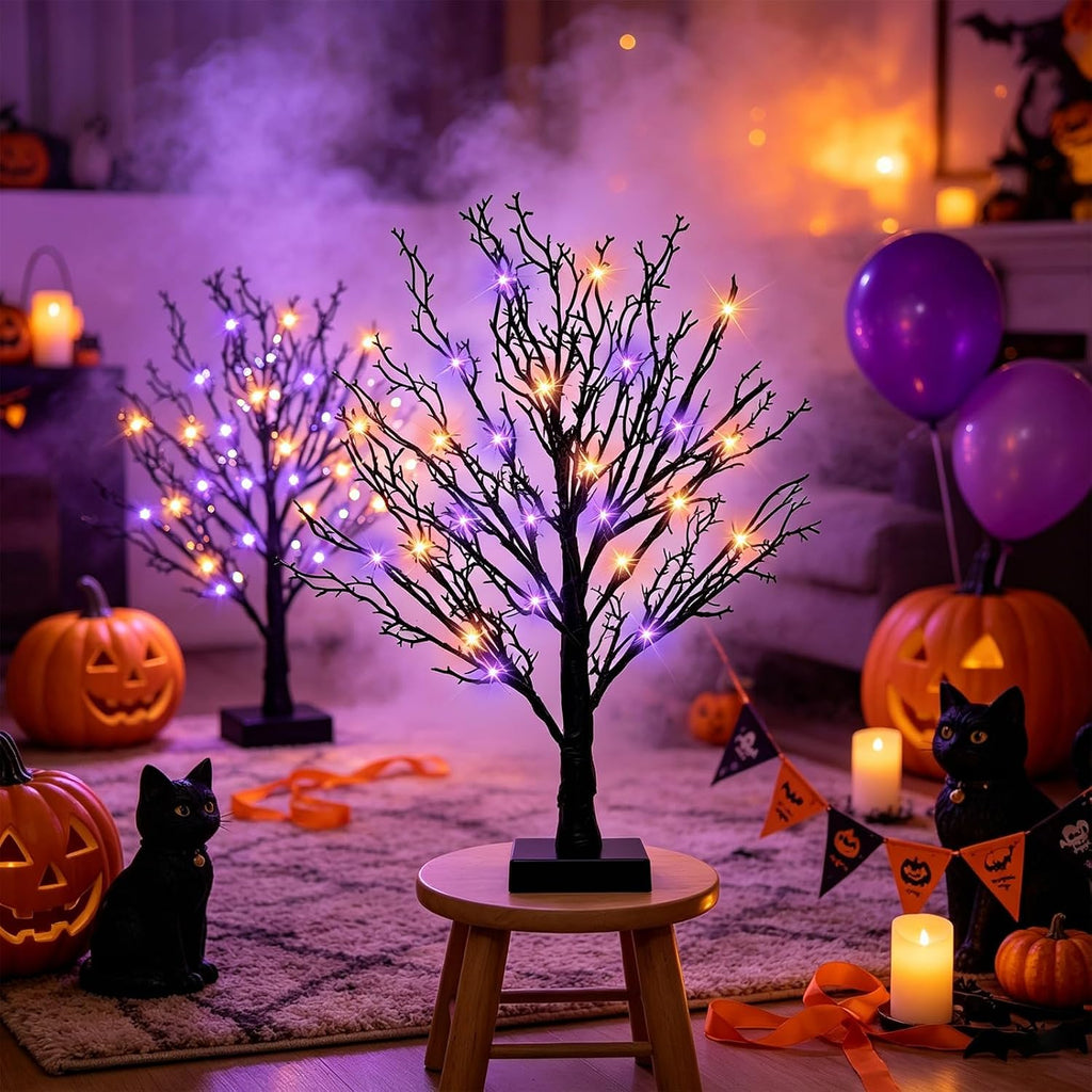 Halloween Decor Indoor, 2 Pack 24 Inch Black Halloween Tree Set, 48 Orange & Purple LED Lights, USB & Battery Powered Tabletop Spooky Twig Trees with 6H Timer, Creepy Halloween Decorations for Mantels