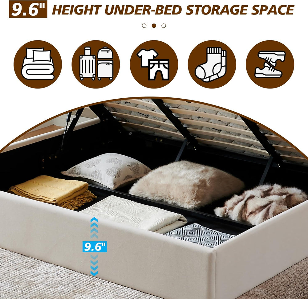 King Size Lift Up Storage Bed Frame with 2 Built-in Nightstands, Beige