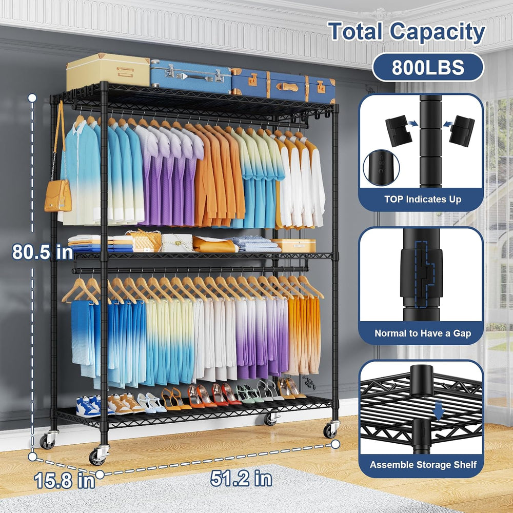 ULIFHOME P8 Max Heavy Duty Clothes Rack（With Extended Width Design） Rolling C...