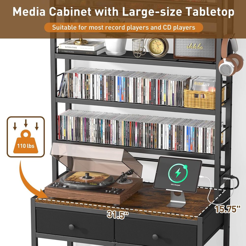 ikkle Tall CD Rack with Power Outlet & Drawers, 8-Tier DVD Storage Shelf