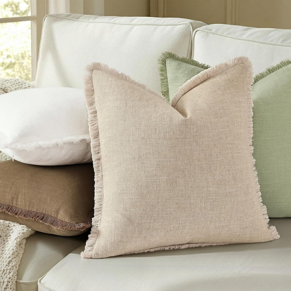decorUhome Linen Fringe Sage Green Throw Pillow Covers 20x20 Set of 2