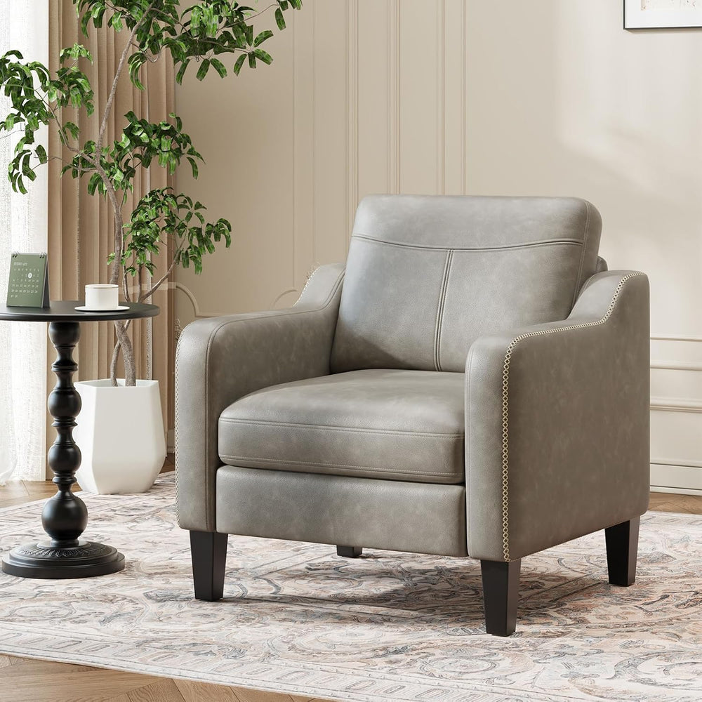 MALOL PU Leather Accent Chair with Solid Wood Frame, Grey