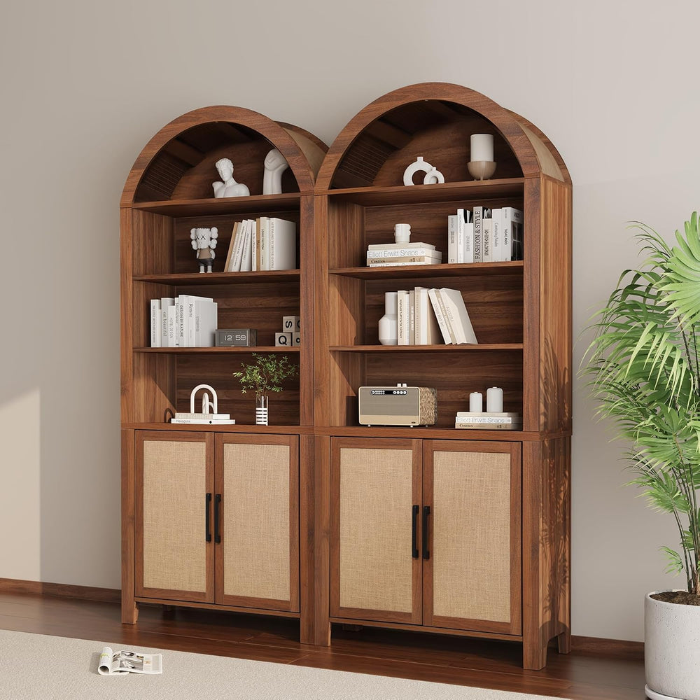 Janmer Home 71" Tall Boho Rattan Arched Bookcase with Doors,Walnut