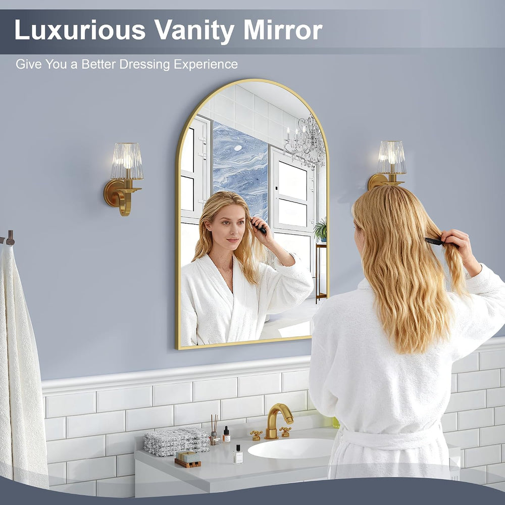 Krymnar Brushed Gold Metal Framed Arched Bathroom Mirror for Wall, 24X36 Inch...