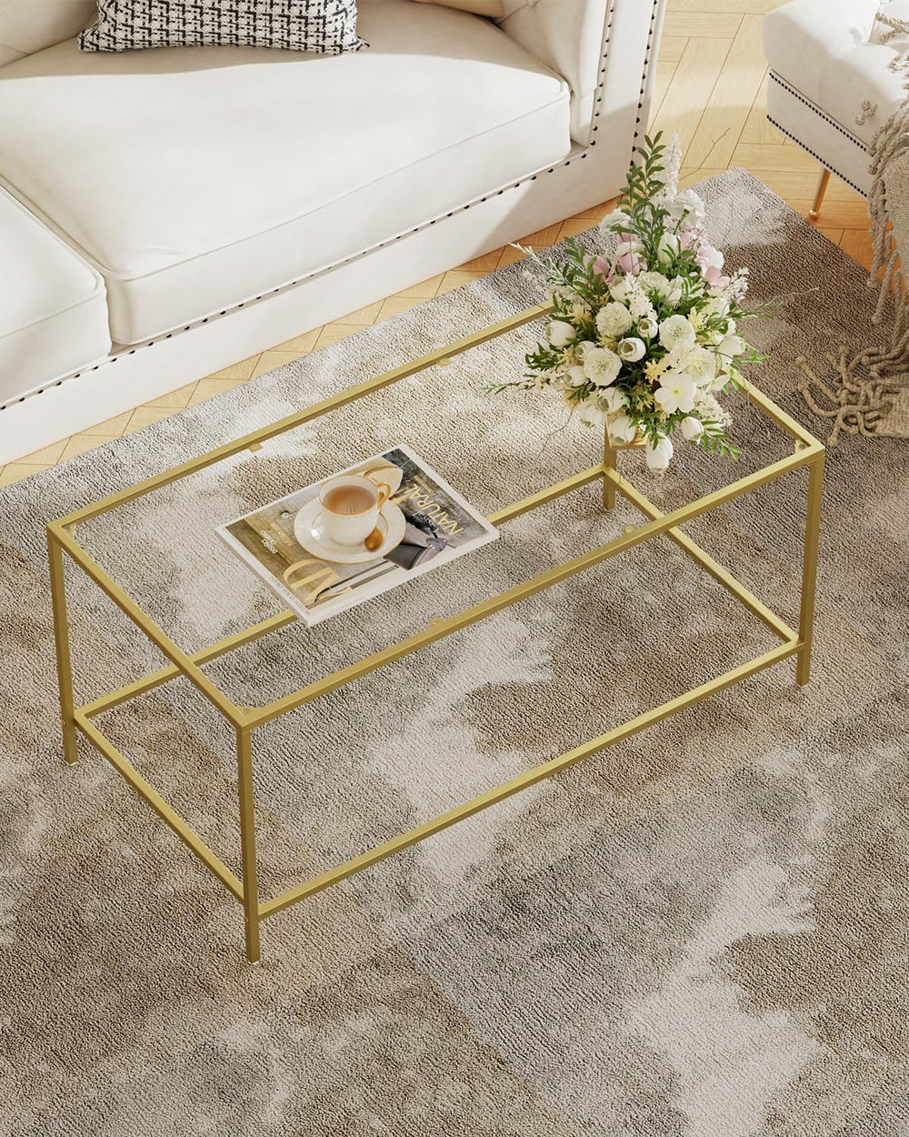 Homleke Glass Coffee Table, Modern Rectangular Coffee Table for Living Room