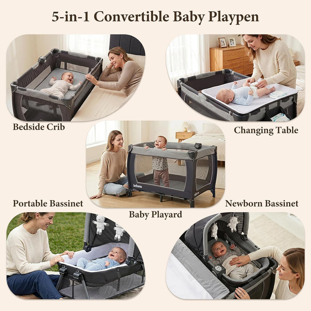 INFANS 5 in 1 Pack and Play with Bassinet, Changing Table, Storage Basket