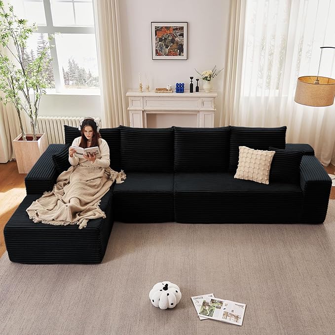 135" Modular Sectional Couches for Living Room, Comfy L Shaped Cloud Couch with Chaise Lounge, Modern Cozy Corduroy Deep Seat Floor Sofa, Memory Foam, No Assembly Required, Black