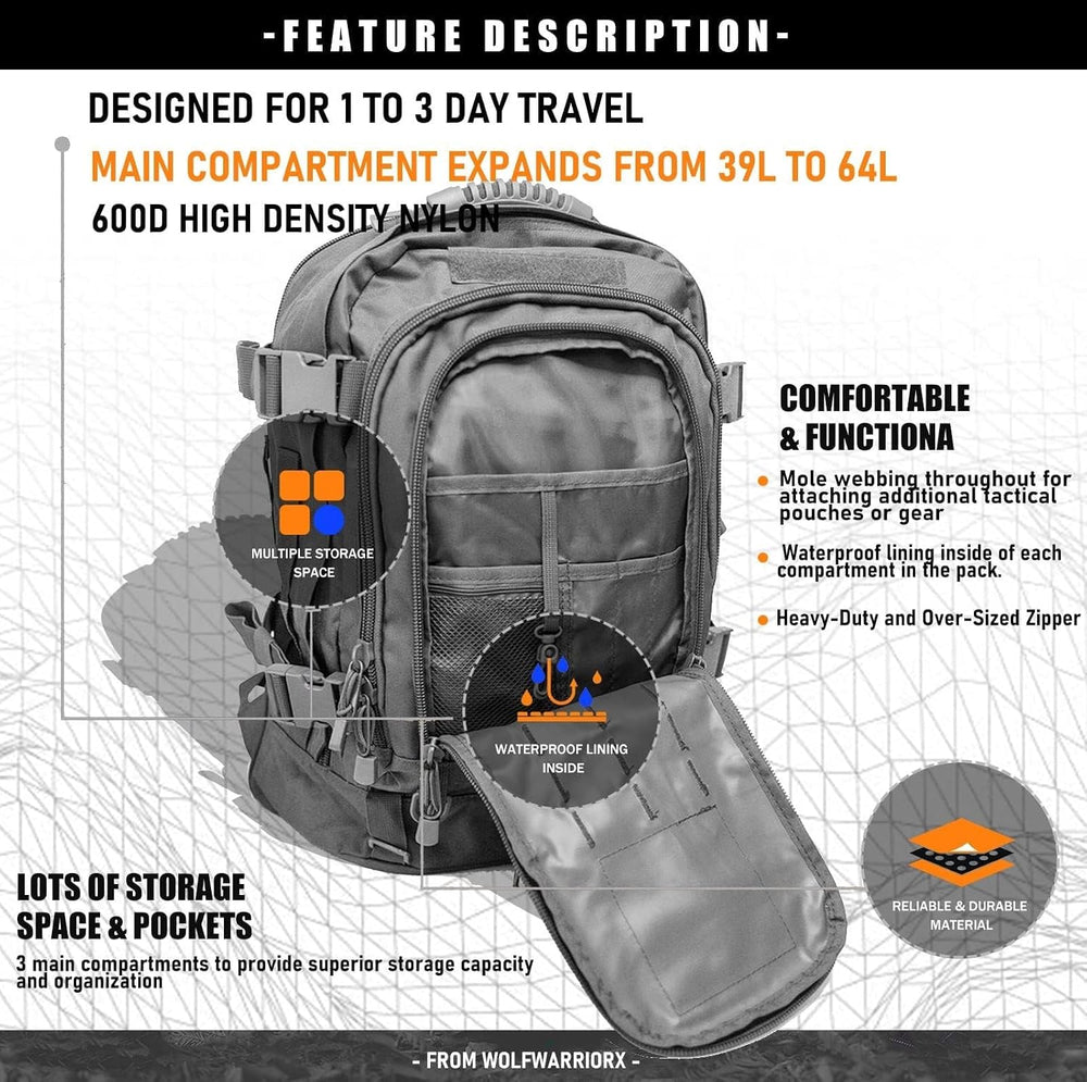 Tactical Backpack for Men Military Large 3 Day Bug Out Bag Hiking Daypack