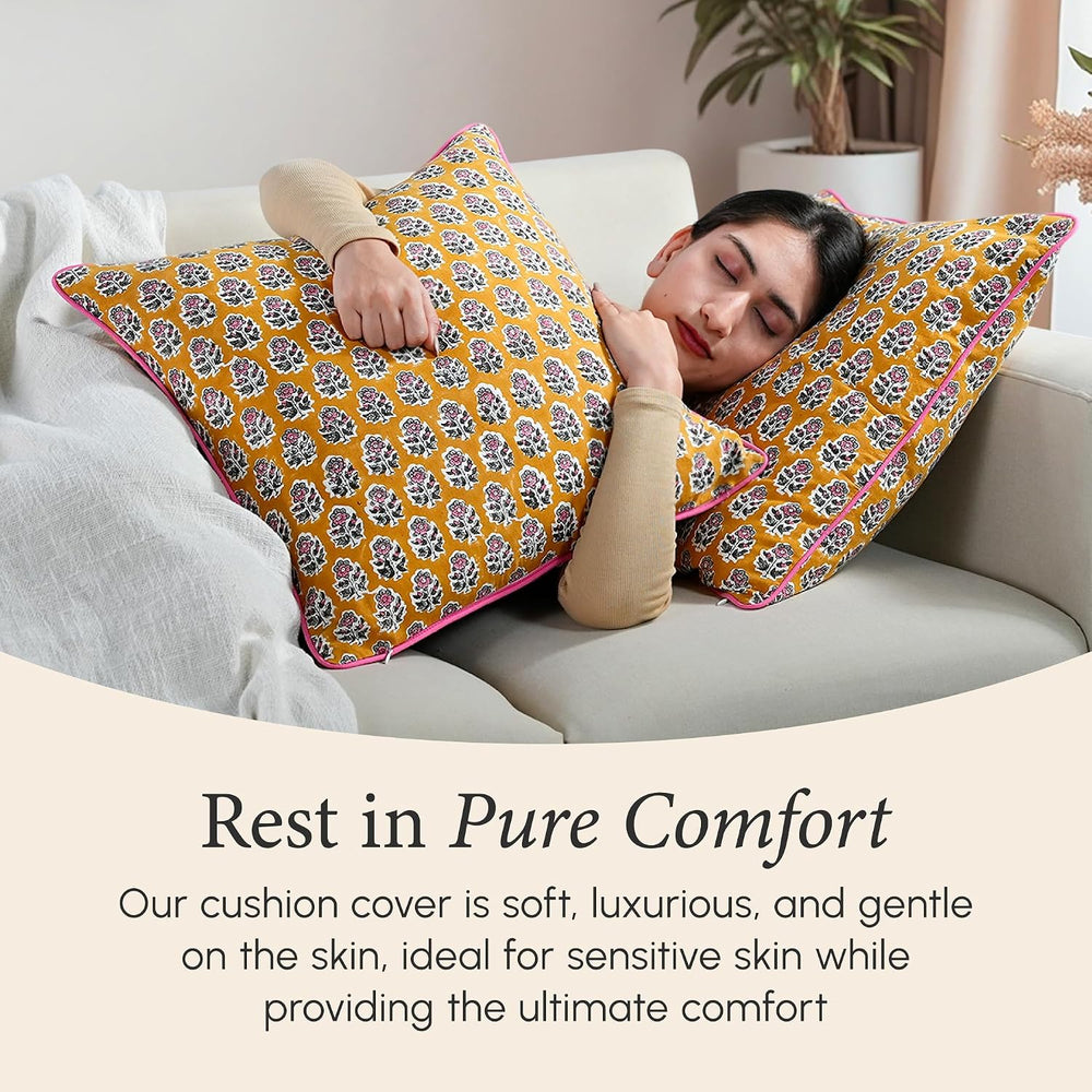 CPC Yellow Citrine Block Print Throw Pillow Covers 18x18 Inch, Pack of 2