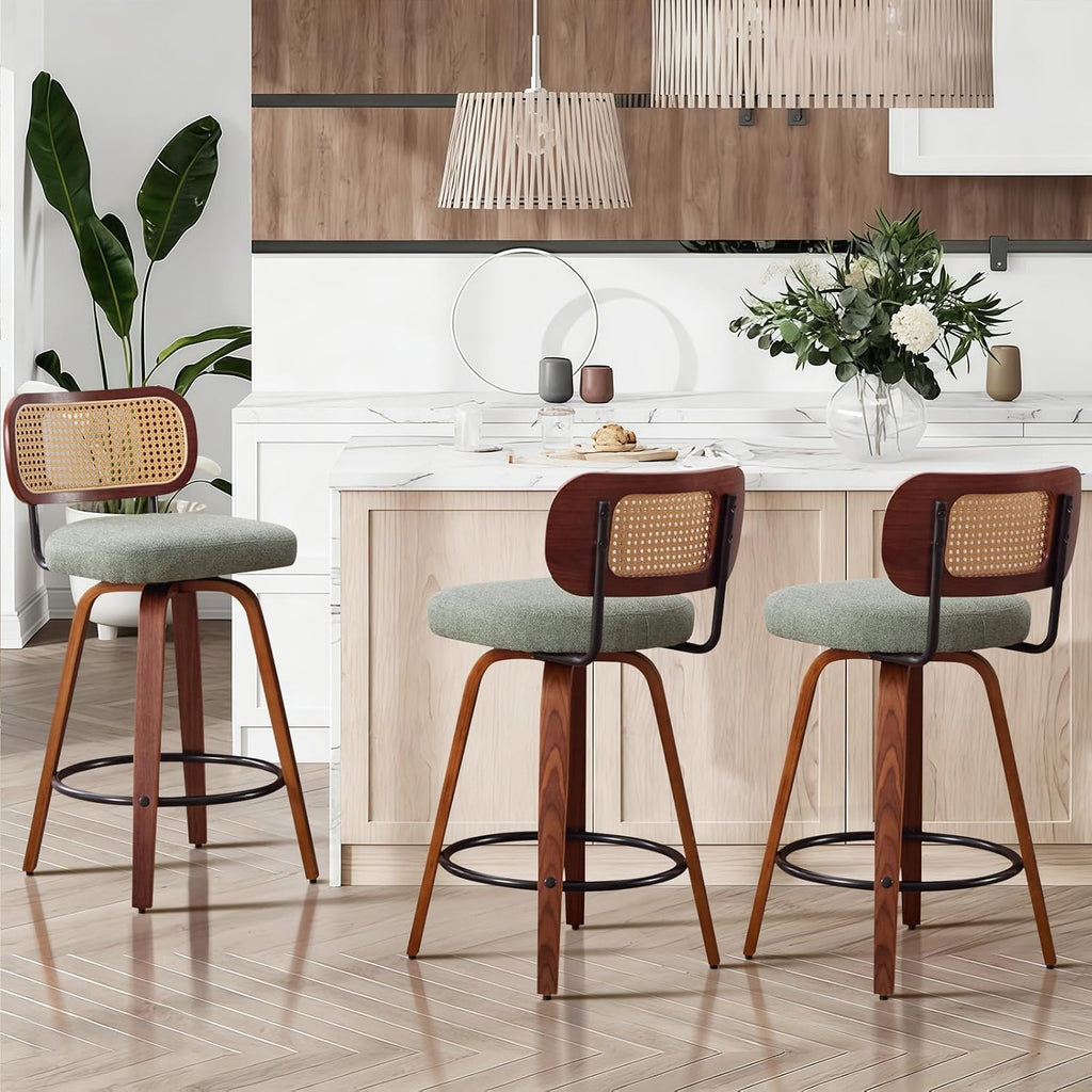SoarFlash Modern Swivel Bar Stools Set of 3, 26" Counter Height Bar Stools with Walnut Wood Legs, Rattan-Back, PU Leather/Linen Seat, Metal Footrest for Kitchen Island