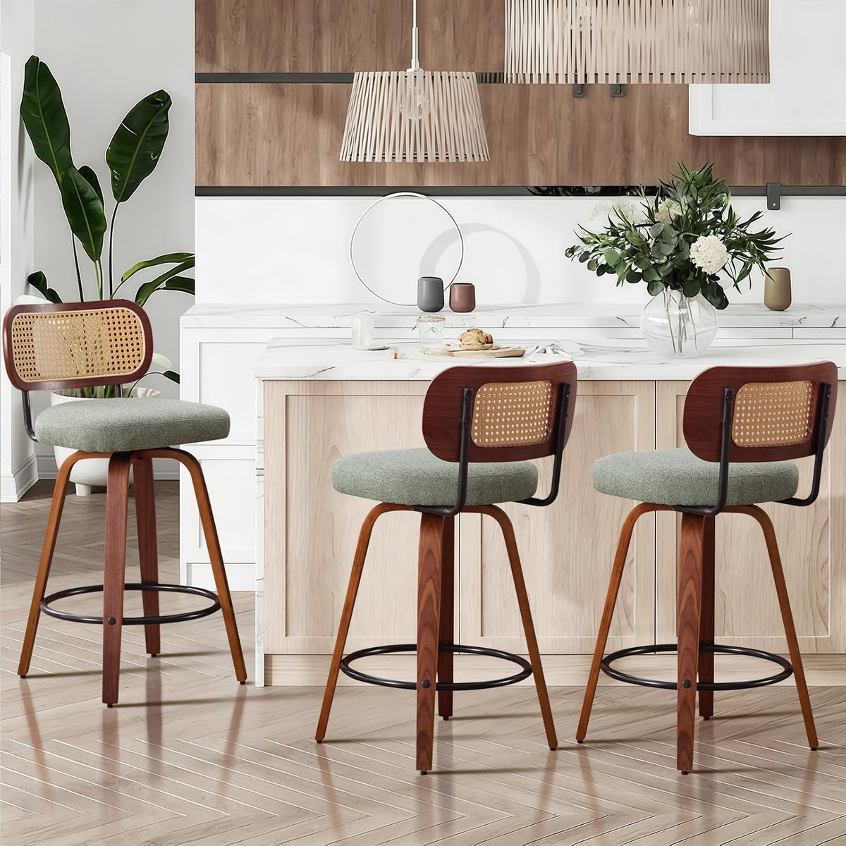 SoarFlash Modern Swivel Bar Stools Set of 3, 26" Counter Height Bar Stools with Walnut Wood Legs, Rattan-Back, PU Leather/Linen Seat, Metal Footrest for Kitchen Island