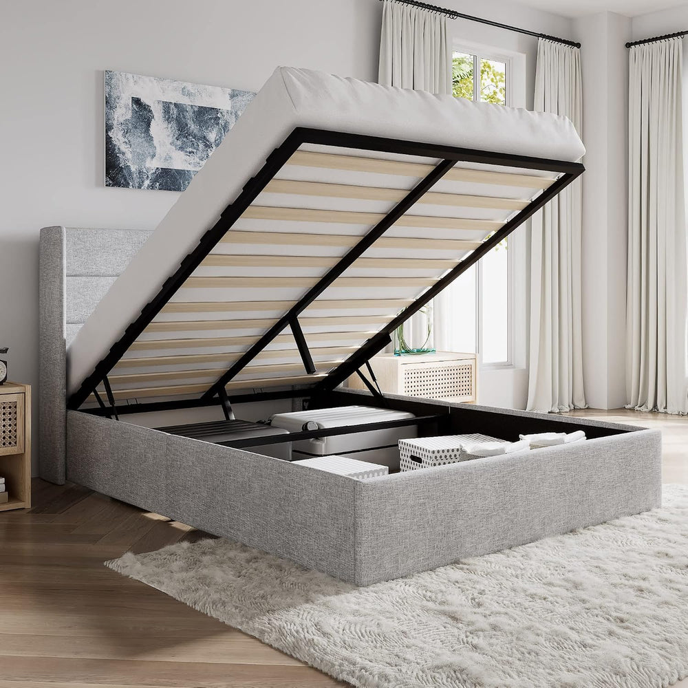 SHA CERLIN Queen Size Lift Up Hydraulic Storage Bed Frame Light Grey