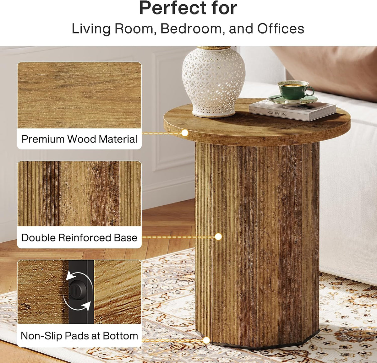Tribesigns Round End Table, Farmhouse Fluted Side Table with Pedestal Base, Wooden Nightstand Accent Furniture for Living Room, Small Space, Bedroom (Brown)
