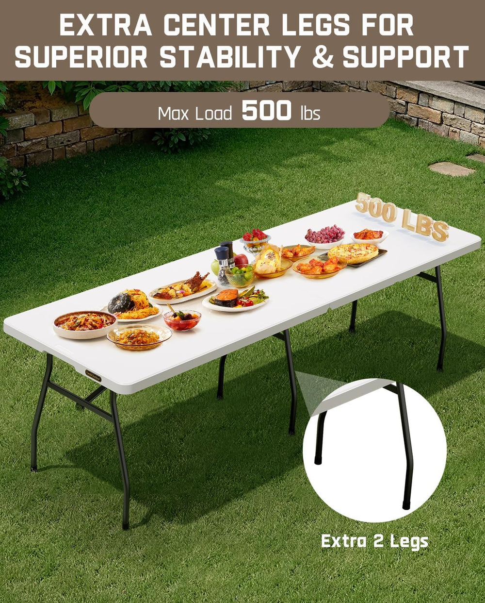 FanttikOutdoor 8ft Folding Table with Six Legs, 500 LBS, Party, Camping