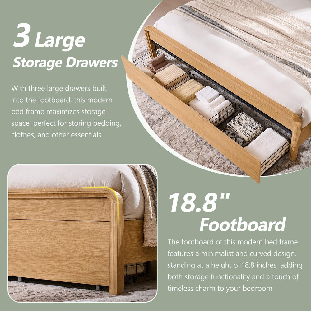 Aitjunz Modern King Size Bed Frame with 50" Tall Headboard, Natural Oak