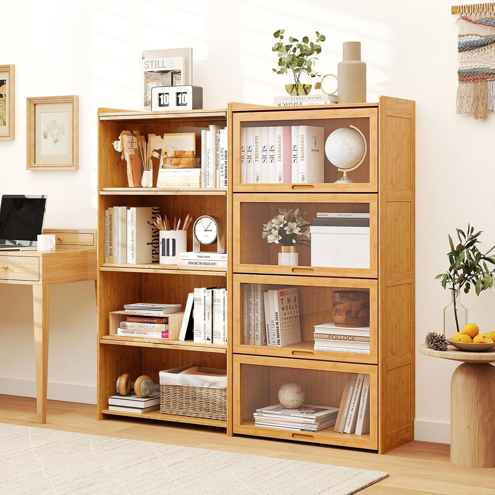 Giantex 4-Tier Bookcase with Clear Doors, 55" Bamboo Bookshelf with Flip...