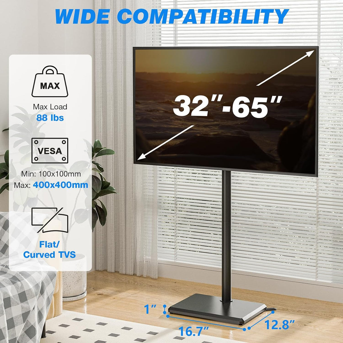 Rfiver Swivel Floor TV Stand for 32-65 Inch Flat Screen TVs | Height Adjustable Mount, Solid Wood Base, Space Saving, Holds 88lbs, Max VESA 400x400mm for Living Room Bedroom Corner