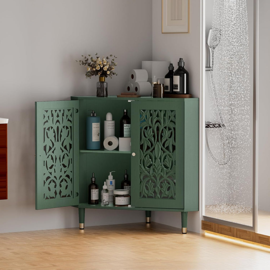 3More Retro Hollow Carved 2-Door Accent Corner Storage Cabinet Green