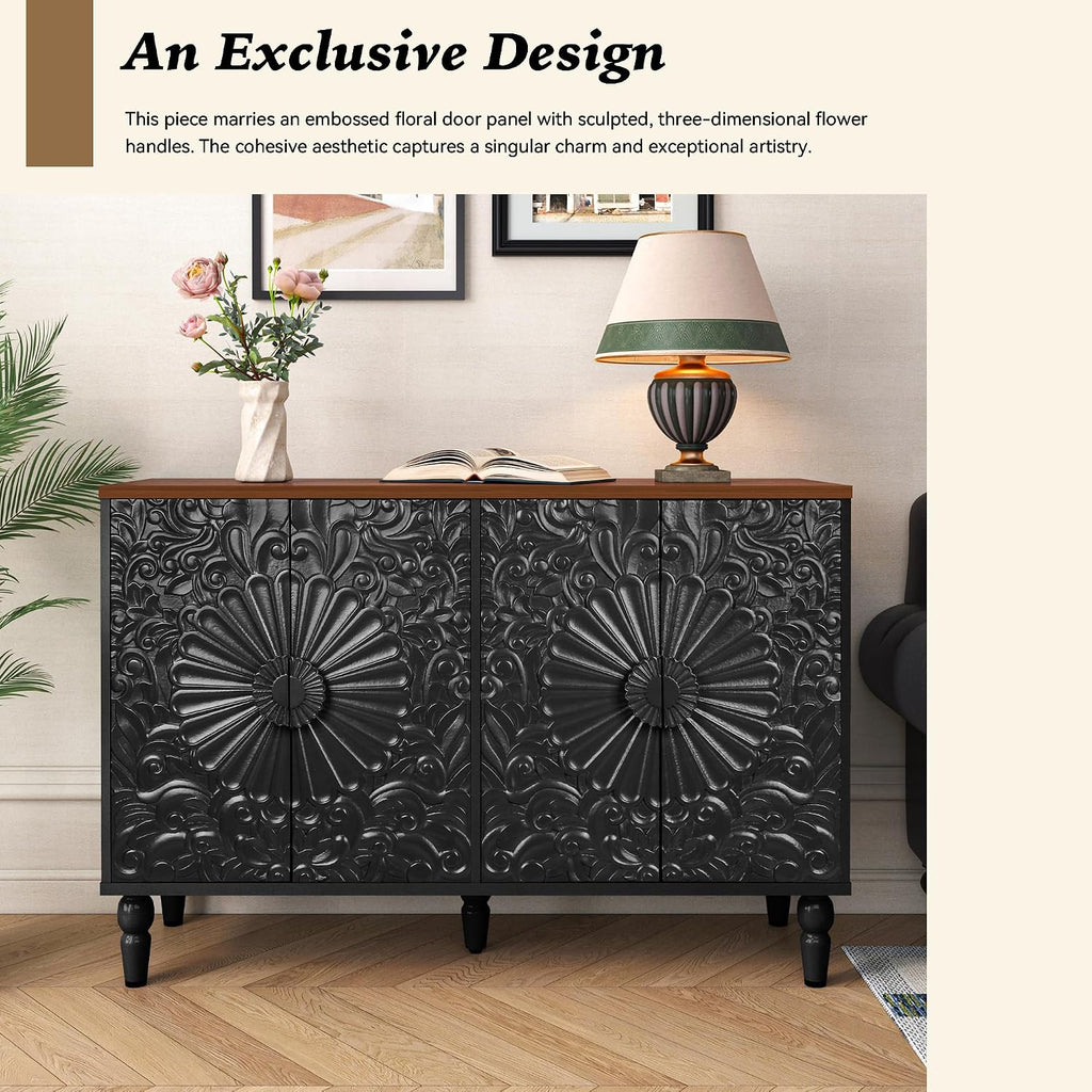 Sideboard Buffet Cabinet with 4 Carved Flower Doors, Black
