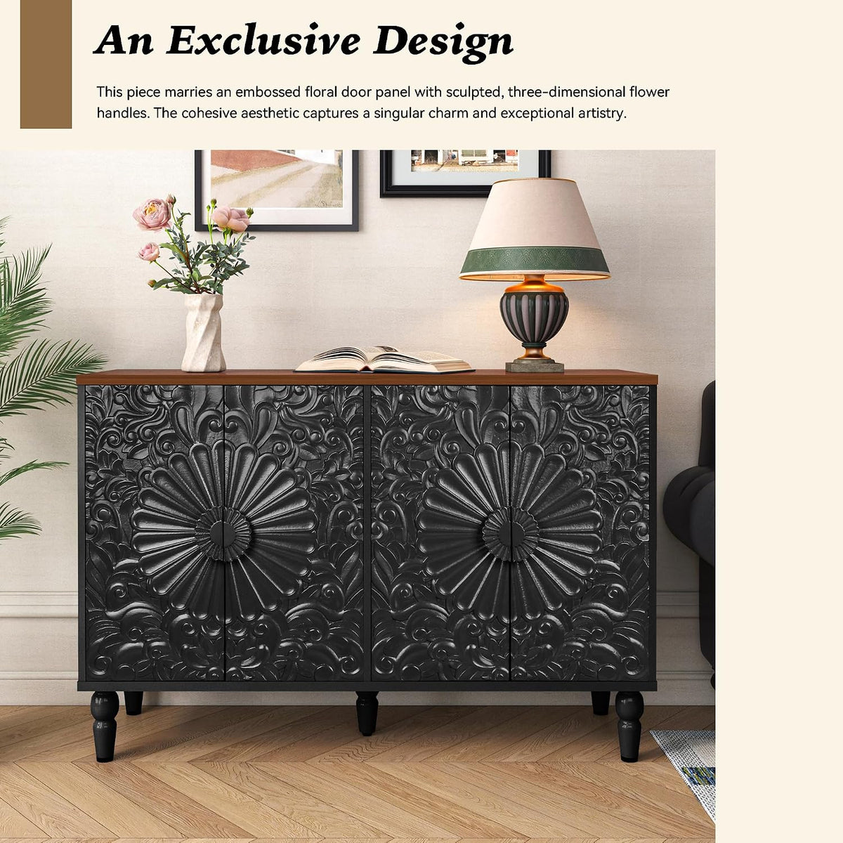 Sideboard Buffet Cabinet with 4 Carved Flower Doors, Black
