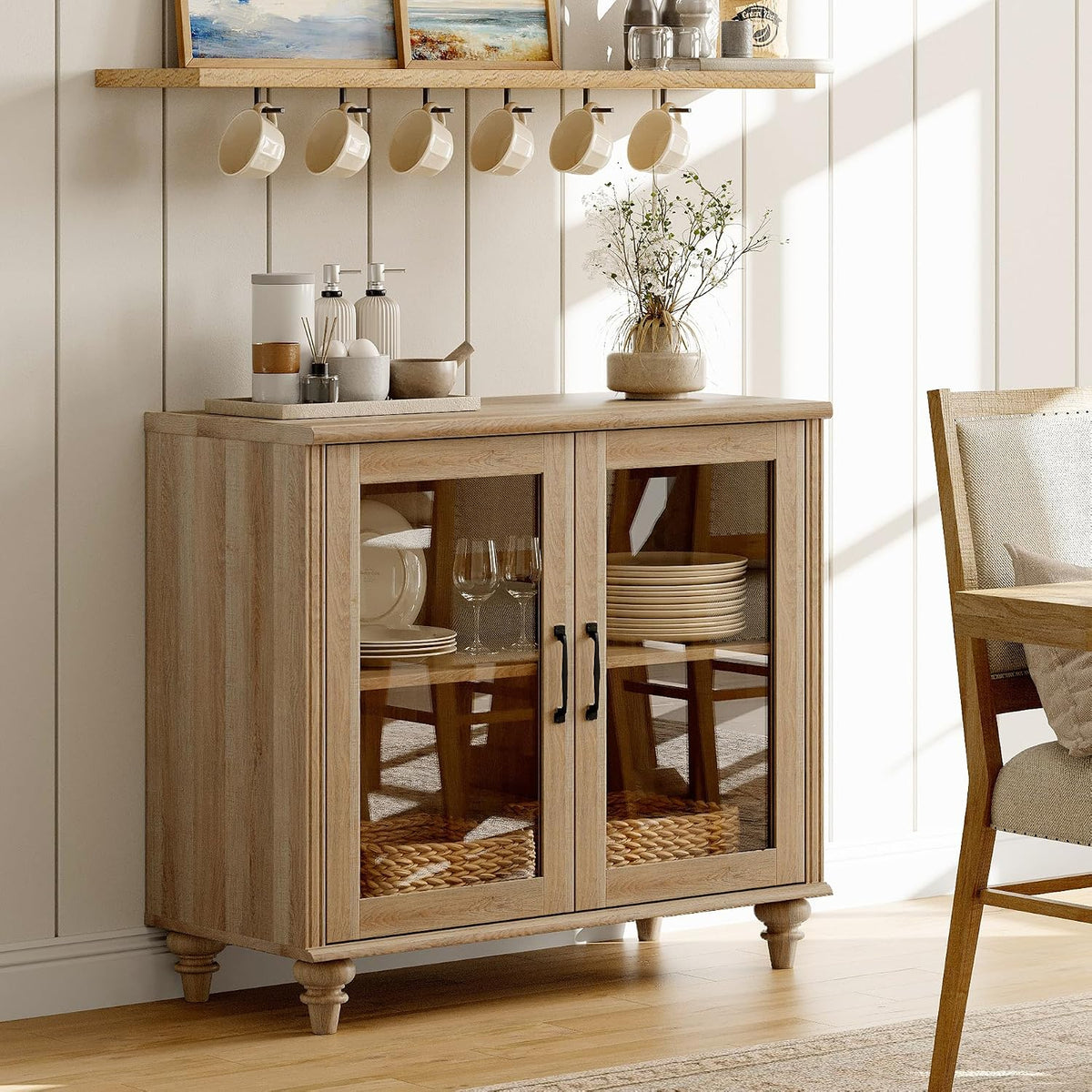 WAMPAT Buffet Cabinet with 2 Glass Doors&Adjustable Shelf, Oak