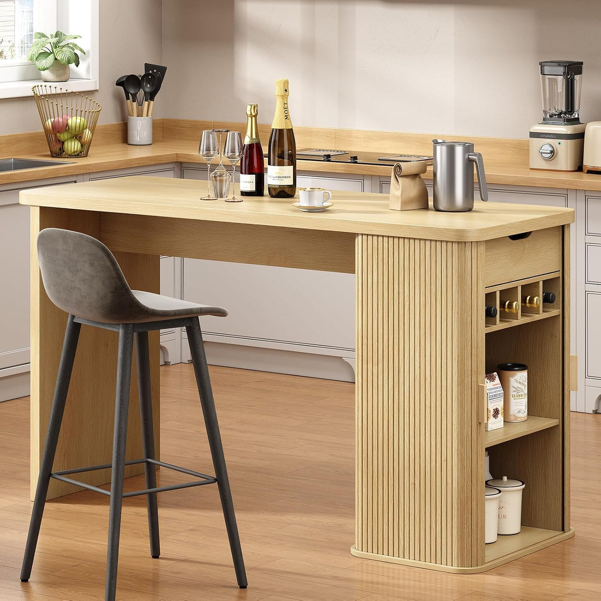 ONBRILL 59 Inch Fluted Kitchen Island with Storage Oak